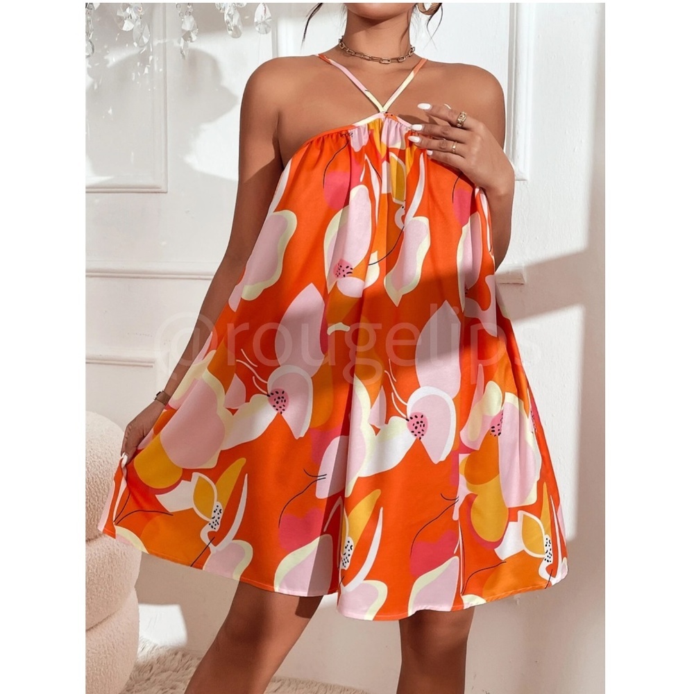 Orange Floral Flared Dress Mini Short A-Line Neck Ties